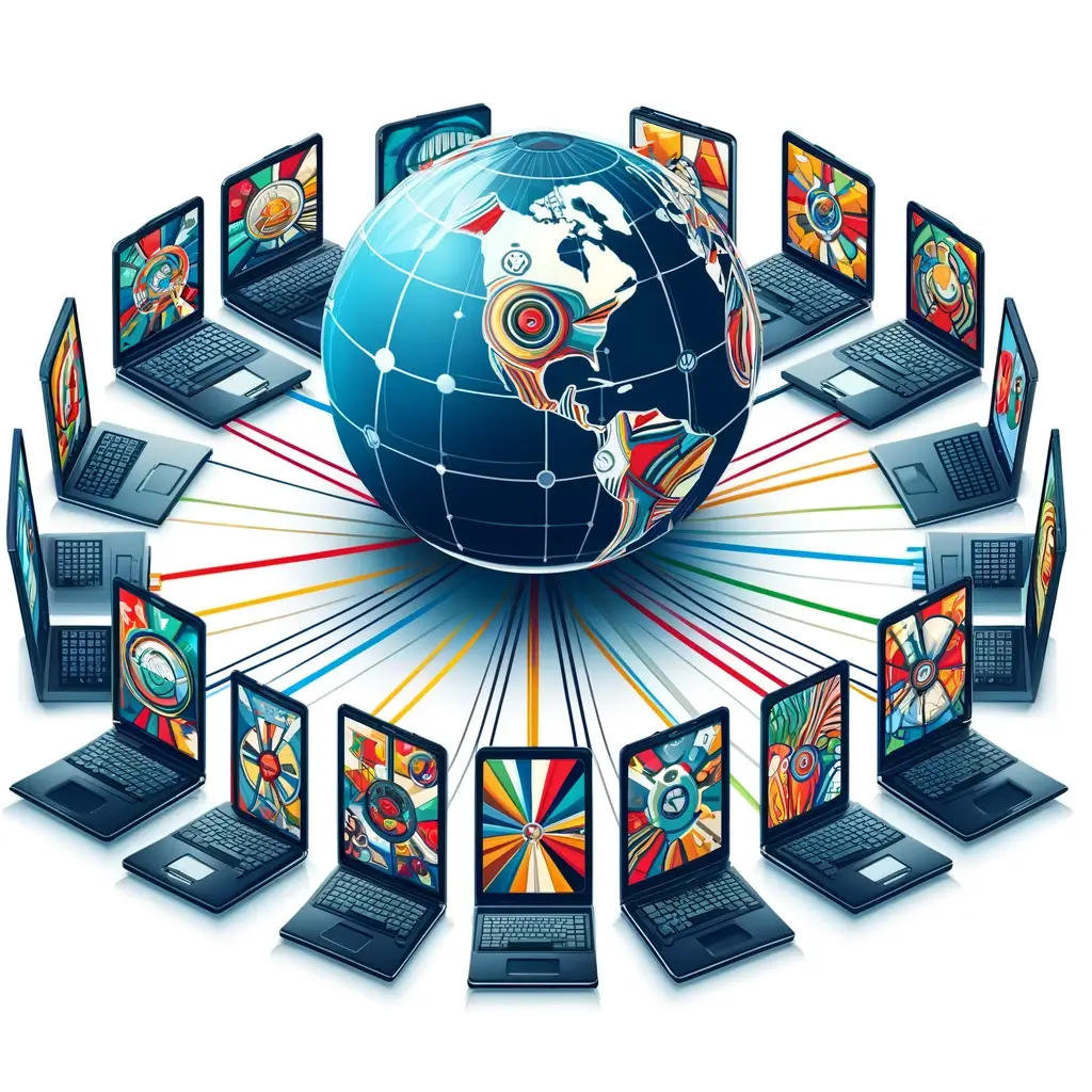 A vector-style illustration of several sleek laptops connected around a stylized globe. Each laptop displays a distinct, colorful vector art wallpaper.