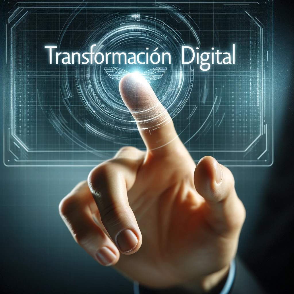 Here is the image of a hand clicking on a digital screen displaying the phrase "Digital Transformation"