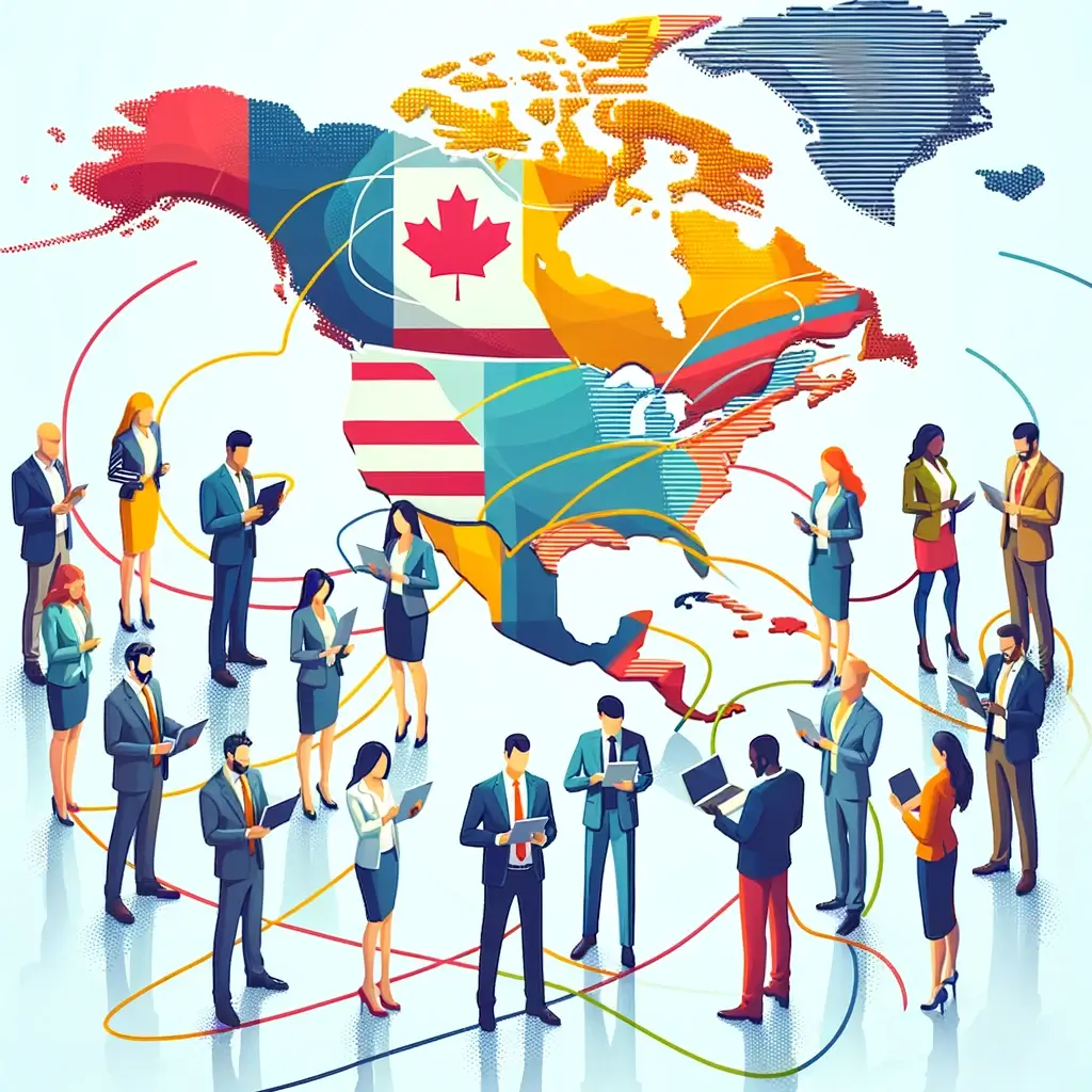 A creative illustration showing a group of diverse business professionals from the U.S., Canada, and Latin American countries standing around a large table.