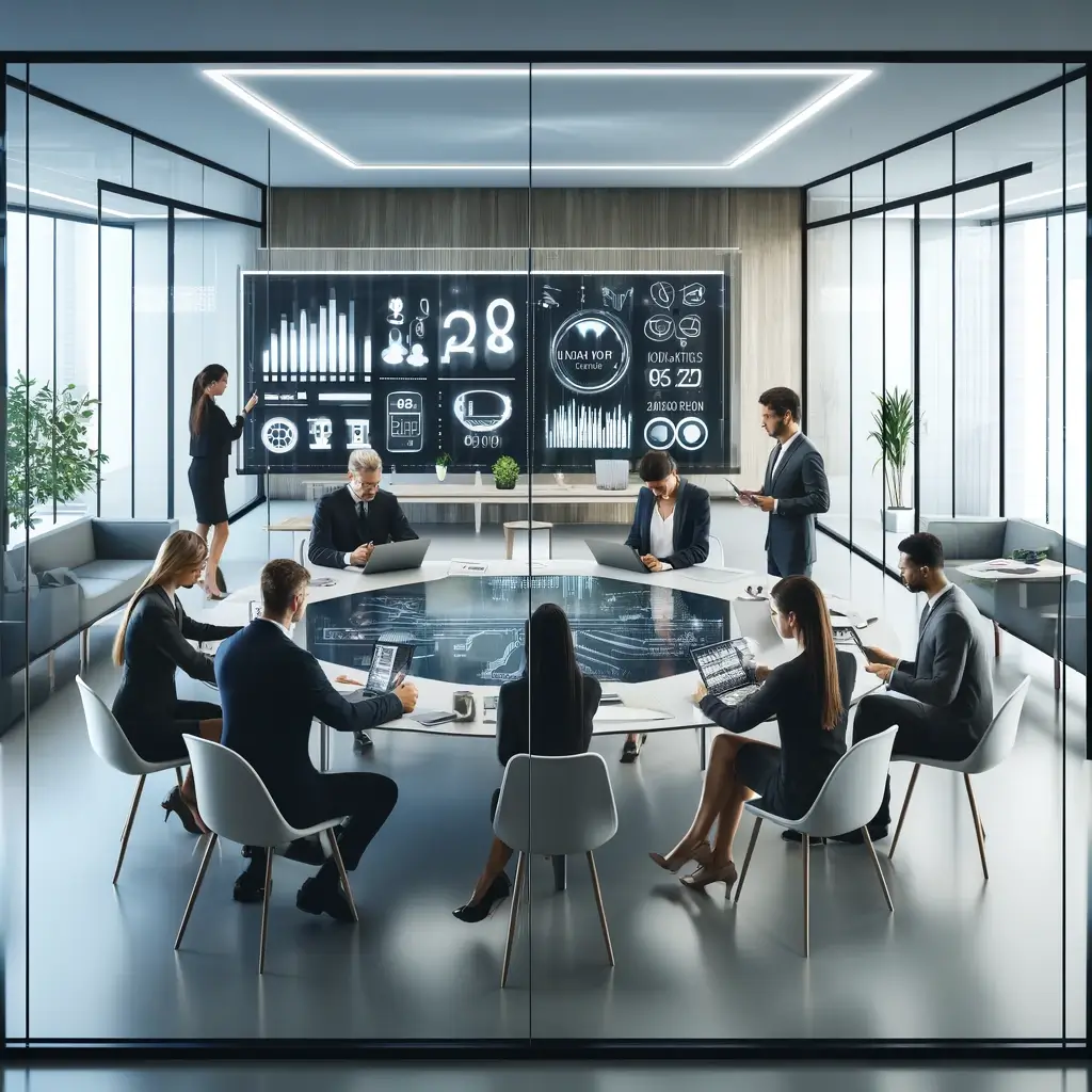 A modern and sleek digital consulting office scene featuring a group of diverse professionals engaged in a brainstorming session around a high-tech table.