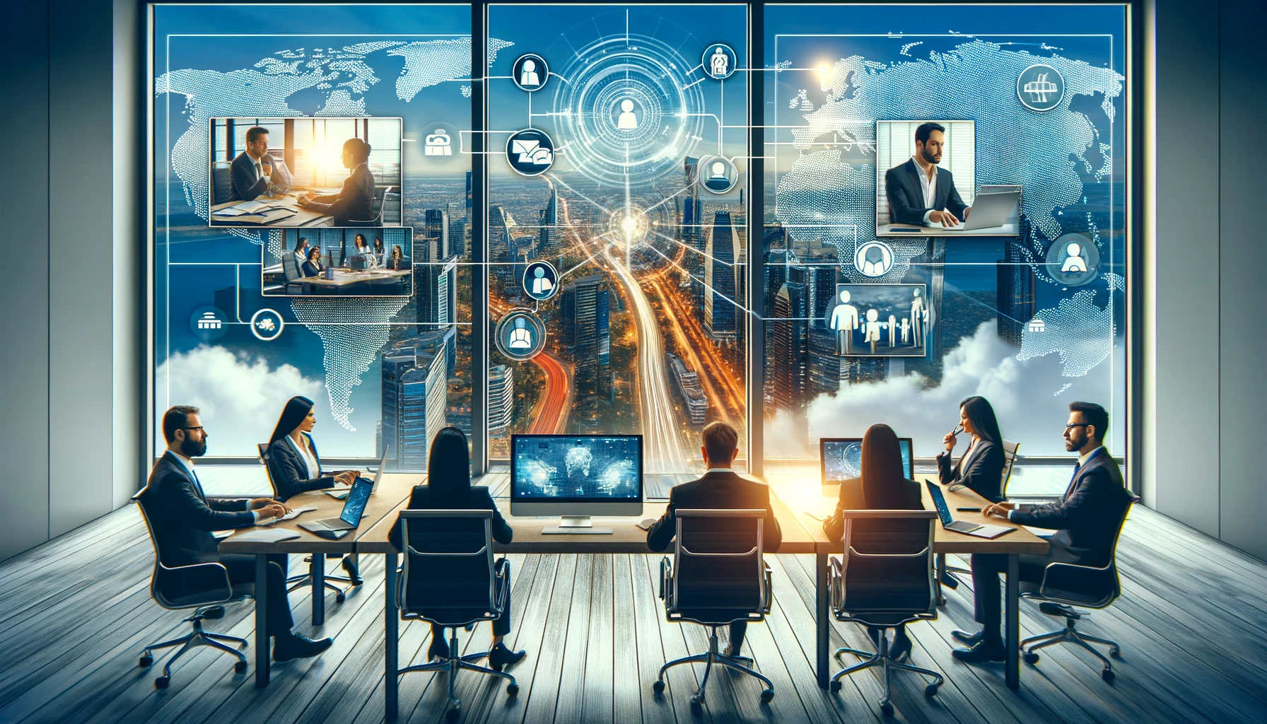 Two professional teams collaborating remotely through video conferencing in modern office settings with cityscape views, representing the concept of nearshoring.